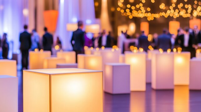 Illuminated Gathering: A sea of softly blurred figures mingles in a grand hall, their silhouettes illuminated by the warm glow of elegant cube lights.