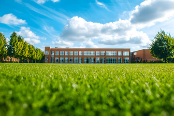 Modern School Building with Large Glass Windows and Brick Facade Surrounded by a Green Field Under a Bright Blue Sky

