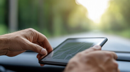Close-up view of hands holding digital tablet with navigation map interface inside moving vehicle. Blurred green nature background visible through windshield creates peaceful driving atmosphere