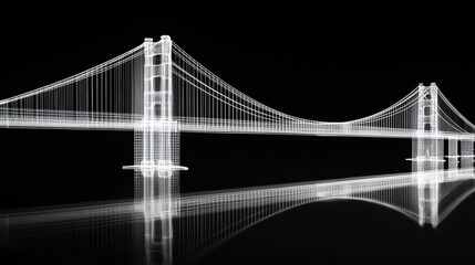 Fototapeta premium Silhouette of a bridge, likely Golden Gate, reflected in a dark water, simple lines, and monochrome style, dramatic lighting, night atmosphere, architectural.