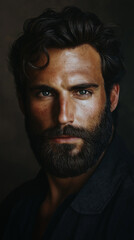 Portrait of a mature caucasian male with thick beard and intense look