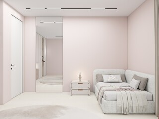 A serene child's bedroom with soft pink walls, a cozy daybed, a plush rug, and a large mirror to add depth. The minimalist design creates a calming and inviting space