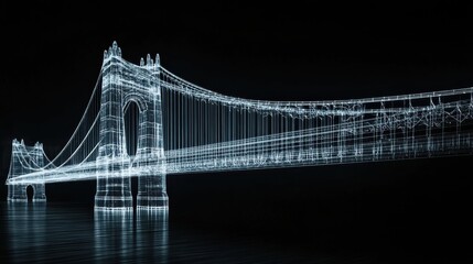 Fototapeta premium Abstract illuminated suspension bridge at night, light trails, digital art, modern cityscape, reflection in water, geometric, lines, glowing