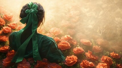 Obraz premium A serene scene featuring a woman in a green dress surrounded by blooming roses, evoking feelings of tranquility and beauty.