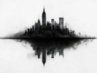 Fototapeta premium Misty urban skyline reflection new york city digital art atmospheric aerial view urban concept