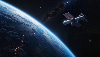 Satellite orbiting Earth highlighting its surface details, cosmic beauty