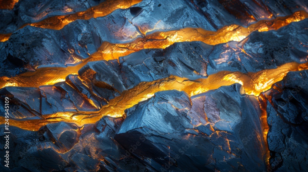 Poster glowing cracks of lava flow break through dark volcanic rock in a remote area, showcasing intense he
