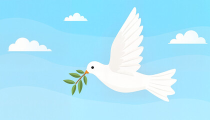 Obraz premium White dove carrying olive branch in clear blue sky, symbol of peace