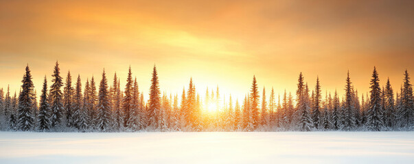 Obraz premium Breathtaking sunset casts fiery colors over a vast winter forest. Snow-covered branches reflect the vibrant hues, creating a dramatic and serene landscape scene