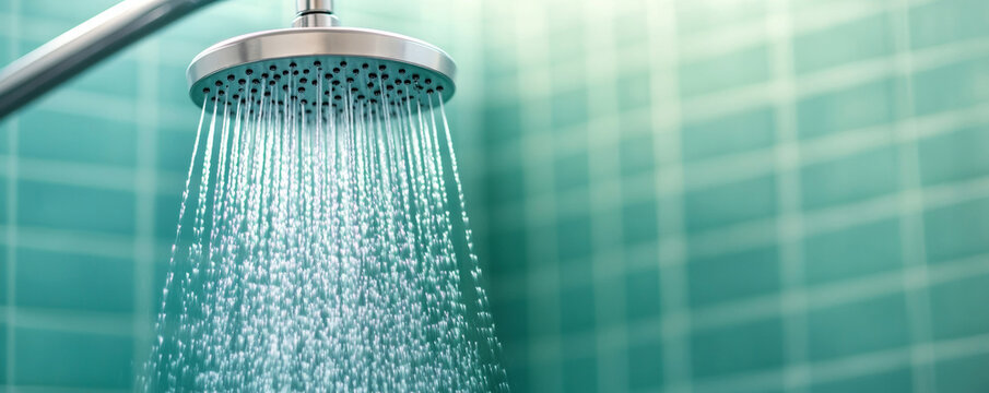 Water droplets cascade from a sleek, handheld showerhead in a minimalist bathroom. The vibrant droplets glisten under bright light against a backdrop of green tiles, creating a refreshing scene