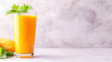 Fototapeta premium Mango Mint Smoothie: A tall glass of vibrant orange mango smoothie topped with fresh mint leaves, perfect for a refreshing and healthy treat. It's a tempting visual.