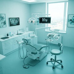 Dental equipment in dentist office in new modern stomatological clinic room. Background of dental chair and accessories used by dentists in turquoise and white.
