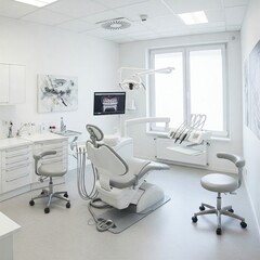Dental equipment in dentist office in new modern stomatological clinic room. Background of dental chair and accessories used by dentists in grey and white.