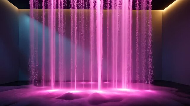 Mystical Indoor Waterfall Display with Vibrant Purple Illumination