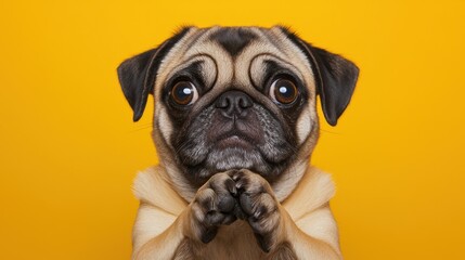 A cute pug dog with a pleading expression against a bright yellow background.