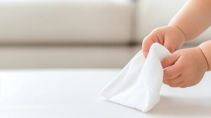 Close-up of a child's hand being gently cleaned with a sterile wipe, set against a backdrop of a cozy living room with soft, neutral tones. Emphasizes cleanliness and care in a home environment
