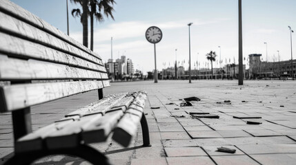 Minimalist city plaza scene showing a fallen clock tower with shattered pieces scattered among cracked tiles. A bench and palm trees frame the urban landscape under a clear sky