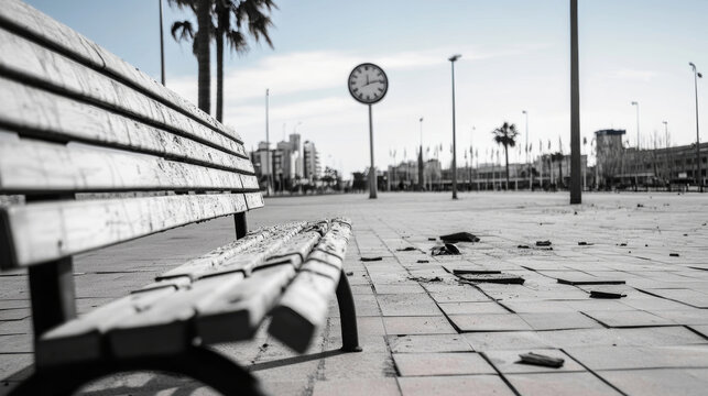Minimalist city plaza scene showing a fallen clock tower with shattered pieces scattered among cracked tiles. A bench and palm trees frame the urban landscape under a clear sky