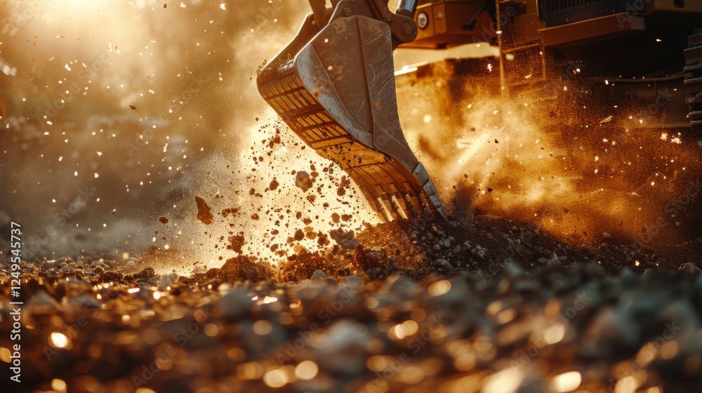 Poster a large piece of machinery digs into the ground, sending up clouds of dust against a backdrop of a w