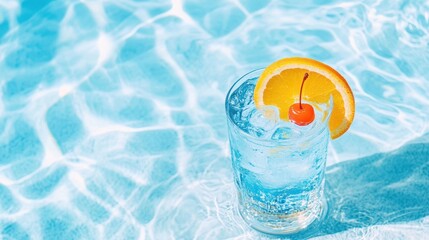 Summer Cocktail by the Pool: A refreshing summer cocktail with a maraschino cherry and an orange slice garnishing, is beautifully displayed on the edge of a sparkling blue swimming pool.