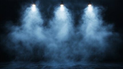 Obraz premium Mysterious stage with dramatic blue spotlights and fog for cinematic and theatrical backgrounds. Copy space 