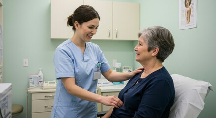 Obraz premium Caring nurse assists elderly patient in a bright medical office, fostering a supportive environment