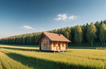 Obraz premium Small wooden cabin in a picturesque rural landscape surrounded by open fields and greenery under a clear blue sky