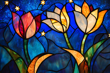 vibrant stained glass artwork featuring tulips in red, yellow, and white with glowing stars against a deep blue background, concept of decorative art, floral design, and artistic craftsmanship