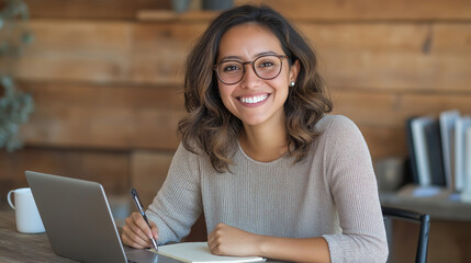Latina woman in her late 20s smiling while writing in a notebook at a stylish wooden desk. A laptop and a cup are on the table, suggesting a modern and creative workspace