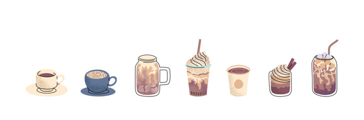 Cartoon Color Different Hot and Cold Coffee Beverage Set with Line Art Elements. Vector illustration of Americano, Cappuccino and Latte