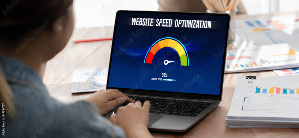 Aufkleber Computer software evaluating website loading speed. Concept of improving website loading speed brisk.