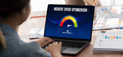 Computer software evaluating website loading speed. Concept of improving website loading speed...