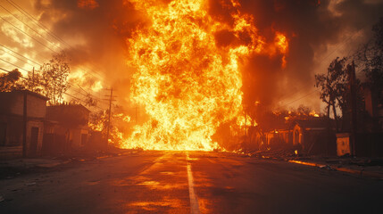blazing inferno engulfs empty street, creating chaos