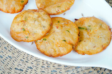 Aloo ki kachori, potato stuffed kachori with ketchup. Famous indian food