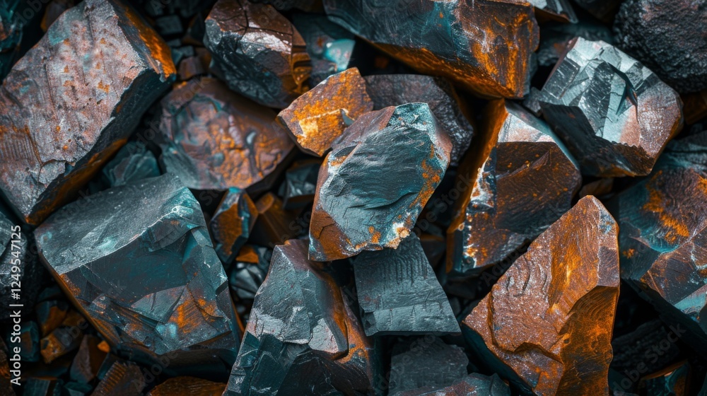 Poster a close up view reveals a mixture of rough, uneven rocks with striking colors. the texture and compo