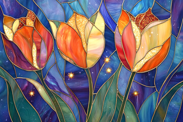 intricate stained glass floral artwork with tulips in red, yellow, and white set against a deep blue sky with shining stars, concept of traditional craftsmanship, floral art, and home decor