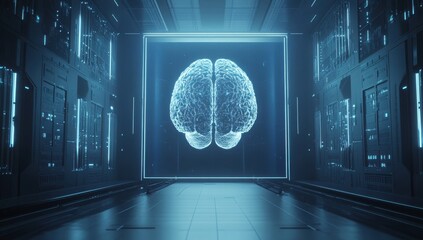 Futuristic brain scan in a tech corridor