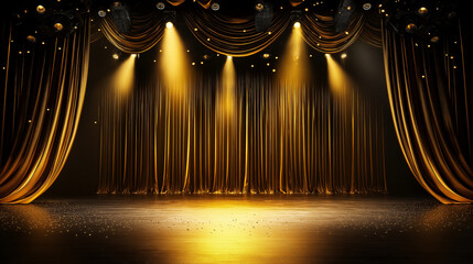  Elegant golden stage with dramatic lighting for theater, awards, and grand performances. Copy space