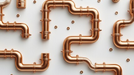 Copper pipes arranged in a complex pattern on a white surface