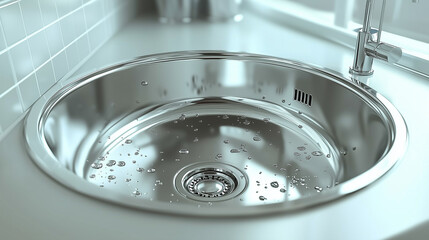 Clean stainless steel kitchen sink with water droplets