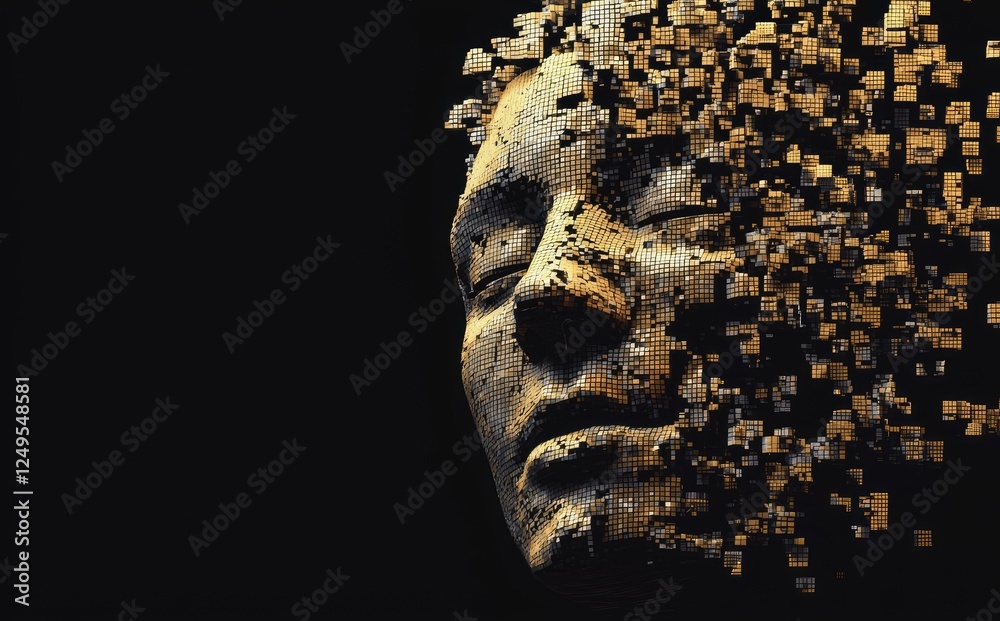 Poster a pixelated human face made of golden and black cubes, symbolizing artificial intelligence and digit