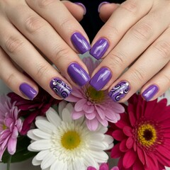 Fototapeta premium Beautiful purple manicure on young female hands with a flower in the background in a studio. Concept of femininity and manicure