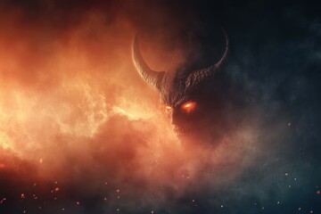 The devil emerges from swirling darkness and red mist, creating a menacing and supernatural atmosphere. Ominous shadows and a scary presence captivate the viewer in this haunting scene.