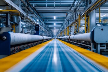 Obraz premium Industrial machinery in motion showcases efficiency within a textile factory