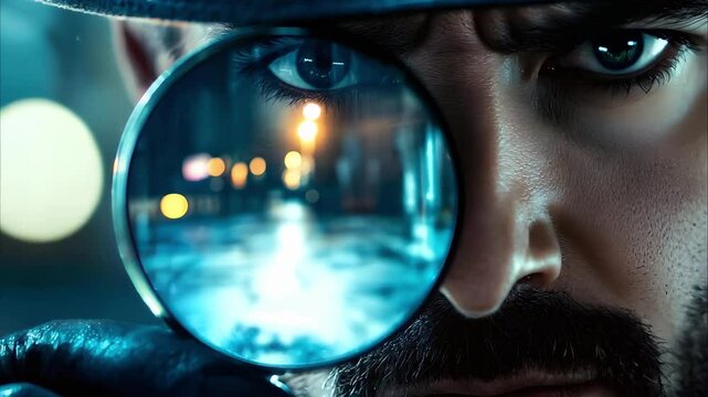 A close-up of a man's face holding a magnifying glass, revealing a blurred scene, with a mysterious and intense expression.