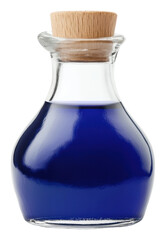 Blue liquid bottle with wooden stopper isolated