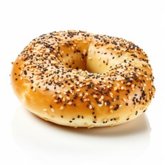 A round bagel with a hole in the center, topped with a mix of seeds, showcasing its golden crust and artisanal texture. Perfect for bakery, food, or breakfast-themed projects.
