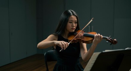 Young woman playing the violin in a modern practice room with soft lighting and sheet music nearby