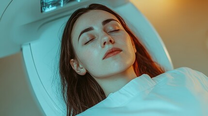 Fototapeta premium Young woman undergoing medical scan, eyes closed, peaceful expression.