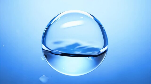 water bubble with a glossy surface, subtly wobbling in slow motion on a blue gradient background